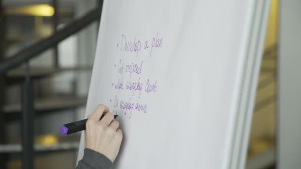 Fechar o negócio mulher mão escrever plano de negócios no flipchart . — Vídeo de Stock