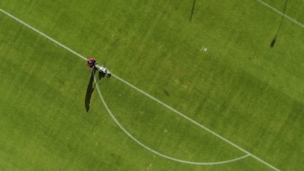 Vista superior do campo de estádio de futebol Marcação usando uma máquina de pintura profissional — Vídeo de Stock