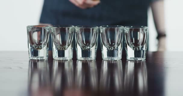 Barman nalewanie napój alkoholowy w okulary strzał. — Wideo stockowe