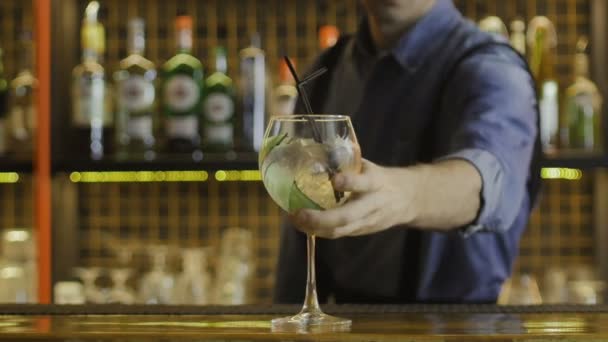 Barman dokončil koktejl a nastavil ho před kameru. — Stock video