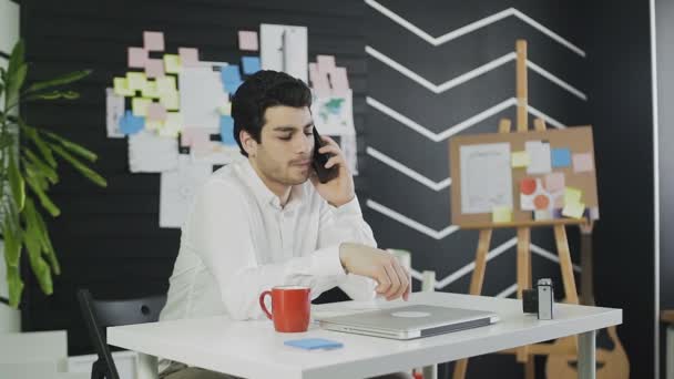 Fiatal üzletember beszél a mobilján, és próbál elmagyarázni valamit a beszélgetőpartnernek. — Stock videók