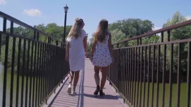 Twee jonge vrouwen lopen op kleine brug in Park — Stockvideo