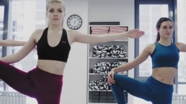Güzel genç kadınların Dolly hareketi hafif çatı katı tarzı sağlık merkezinde yoga asanalarını esnetme kompleksi yapıyor..