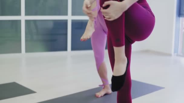 Bastante yogini mujeres están haciendo ejercicios en el gimnasio — Vídeos de Stock