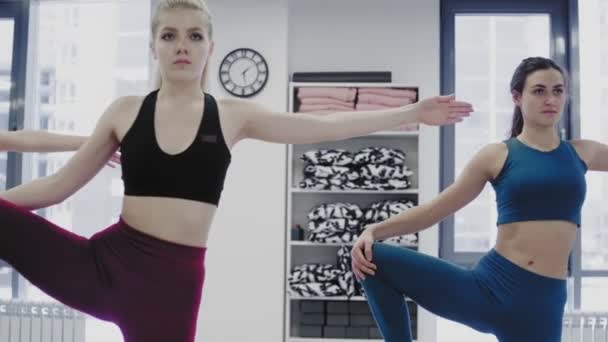 Dolly move van mooie jonge vrouwen doen complex van stretching yoga asanas in lichte loft stijl wellness center. — Stockvideo
