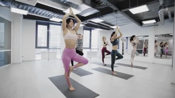 Gli studenti di yoga stanno facendo equilibrio albero posa durante l'esercizio in moderno studio benessere. Instuctor in piedi nel centro sta dando raccomandazioni. — Video Stock