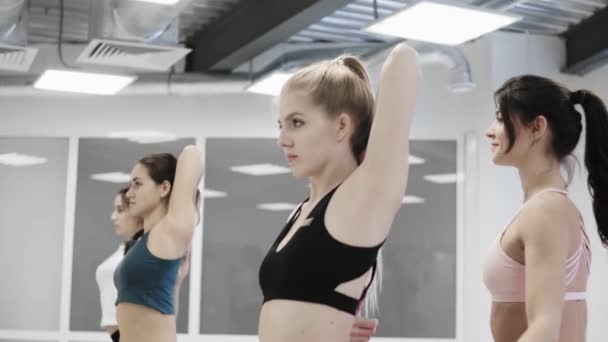 Estudiante de yoga está aprendiendo giros del brazo en la posición de la cara de vaca de instructor alegre amistoso en entrenamiento personal. Las mujeres están hablando, sonriendo y disfrutando de la práctica . — Vídeo de stock