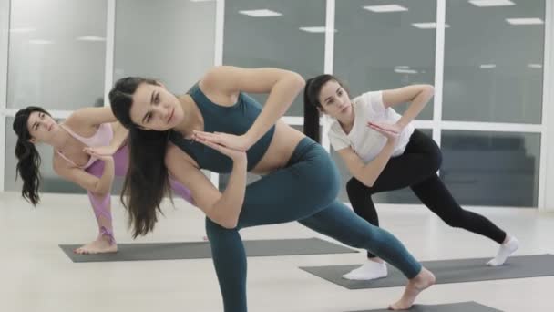 Yoga studenten staan op matten en doen twist yoga pose. — Stockvideo