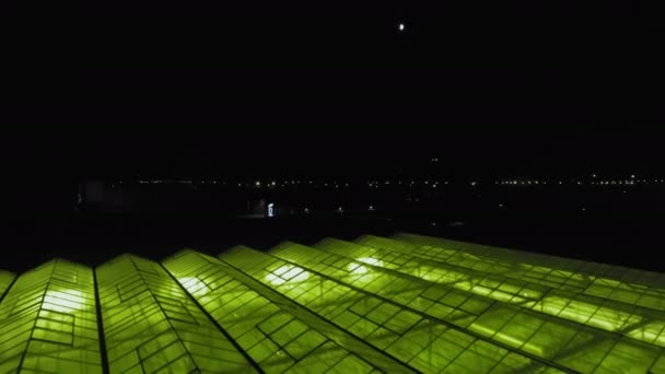 Schöne Luftaufnahme des großen Gewächshauses mit Licht darin. — Stockvideo