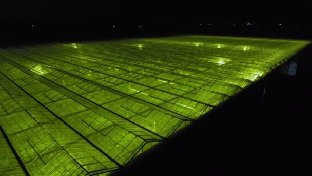 Vue aérienne - Vue extérieure de la serre avec lumières LED allumées pour les plantes en croissance.