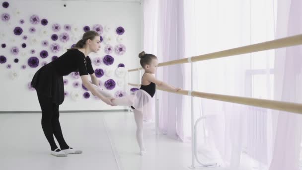 Ijverig weinig ballet student in bodysuit is het hebben van individuele ballet les met professionele leraar leren bewegingen en posities verhogen been achteruit. — Stockvideo