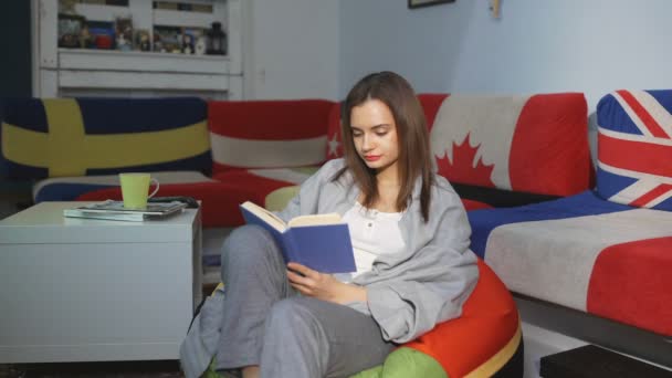 Belle femme lisant un livre sur le sol près du canapé avec des coussins avec des drapeaux de campagne — Video