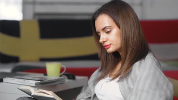 Close-up van vrouw het lezen van een boek en zitten op bank — Stockvideo