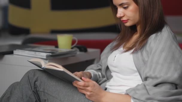 Доллі переміщення жінки читаючи книгу на підлозі біля дивана з подушками з прапорами кантрі — стокове відео