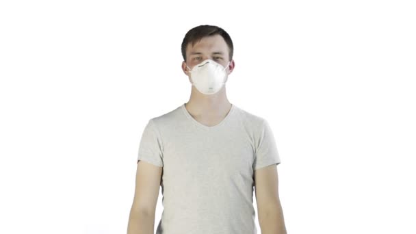 Young Man Activist With mask on face and with HELP Poster on white background — Stock Video