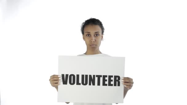 Afro-American Girl Activist With Volunteer Poster on white background — Stock Video