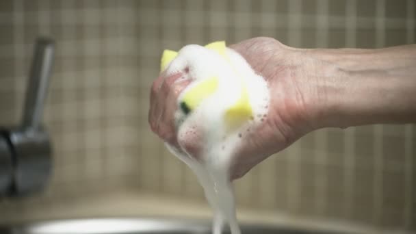 Mulher mão na cozinha espremer esponja em espuma — Vídeo de Stock