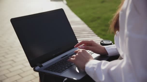 Junge Geschäftsfrau sitzt draußen auf Bank mit Laptop und arbeitet. — Stockvideo