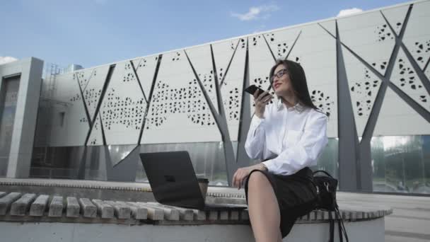 Mulher de negócios está gravando mensagem de voz enquanto está sentado no parque com seu caderno — Vídeo de Stock