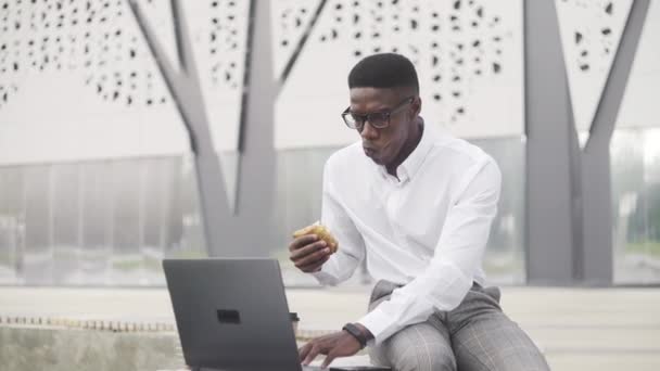 Afro-Amerikaanse zakenman in gesprek op mobiele telefoon en het eten van sandwich in het park in de buurt van kantoor — Stockvideo