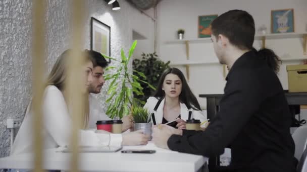 Chef d'équipe féminine donnant une orientation à la jeune équipe créative. Équipe d'affaires travaillant au bureau loft à la mode. — Video