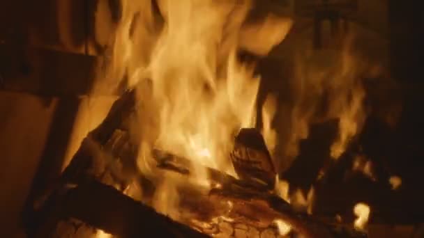 Hot fireplace with wood and fire. — Stock Video