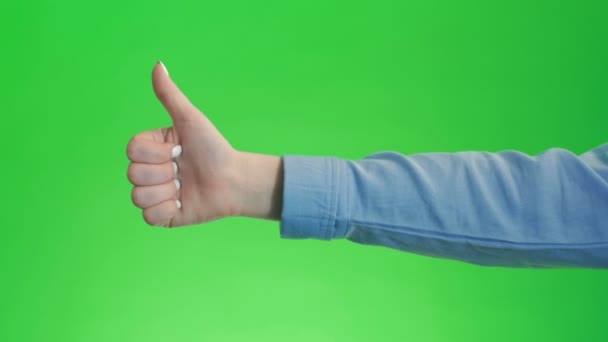 将手势手举起来放在绿色屏幕上.像积极的情绪一样的认可的西蒙. — 图库视频影像