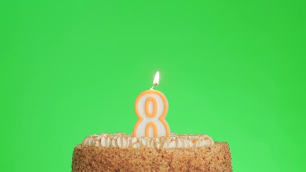 Spegnere una candela numero otto compleanno su una deliziosa torta, schermo verde 8 — Video Stock