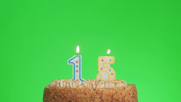 Soplando un número quince vela de cumpleaños en un delicioso pastel, pantalla verde 15 — Vídeos de Stock