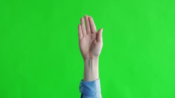 Weibliche Hand Vulkanischer Gruß auf grünem Bildschirm — Stockvideo