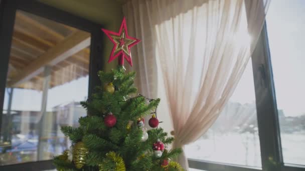 Árbol de Navidad decorado en una bonita casa en invierno — Vídeo de stock