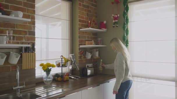 Νεαρή γυναίκα στολίζει το σπίτι για τα Χριστούγεννα — Αρχείο Βίντεο