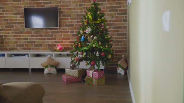Красивая женщина кладет подарок под елку в роскошный дом — стоковое видео