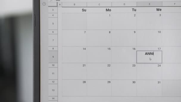 Escribir ANIVERSARIO el día 17 en el calendario para recordar esta fecha . — Vídeos de Stock