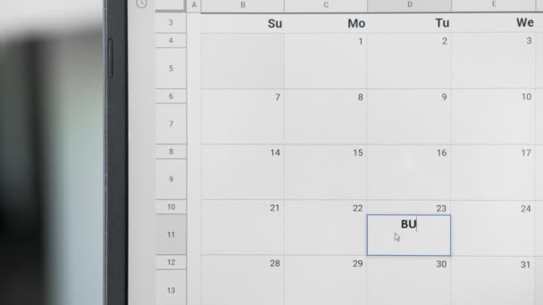 Zapisování schůze Bussines 23. na kalendář pro zapamatování tohoto data. — Stock video