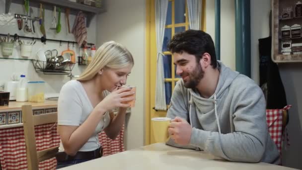 Young couple drinking tea together on a kitchen — Stock Video