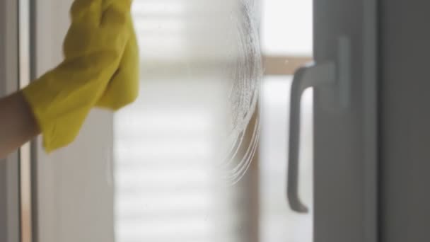 Hausfrau in gelben Handschuhen wäscht Fenster mit gelbem Lappen und Waschmittel. — Stockvideo