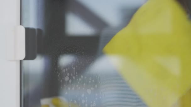 Jovem mulher em luvas amarelas lavar janela com pano amarelo e detergente . — Vídeo de Stock