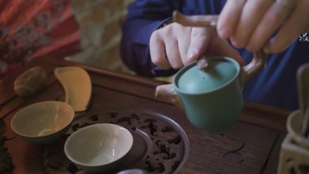 Mann gießt grünen Tee aus Teekanne nach Gaiwan bei traditioneller chinesischer Teezeremonie. — Stockvideo