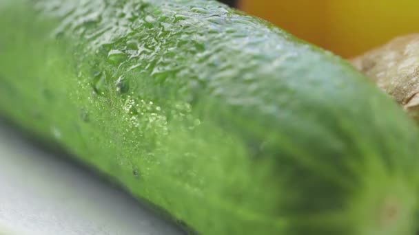 Gotas de água caem em um pepino verde maduro . — Vídeo de Stock