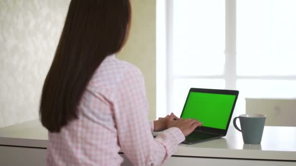 Monitor de pantalla verde ordenador portátil mujer escribiendo en el teclado PC — Vídeo de stock