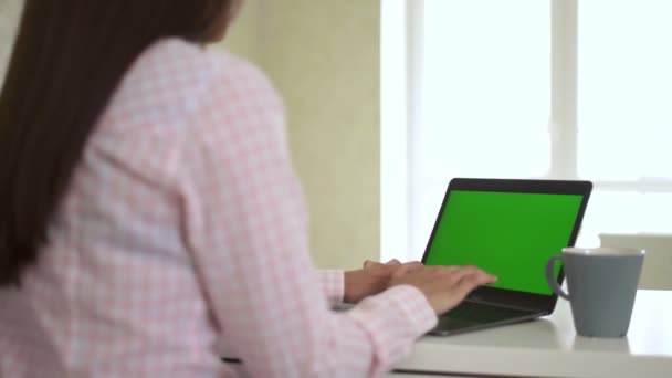 Kvinna använder en dator. Över hans axel. — Stockvideo
