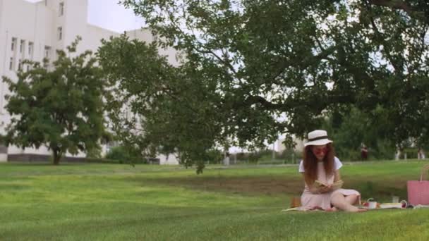 Chica sentada en el parque leyendo un libro y comiendo frambuesas bajo el árbol — Vídeo de stock