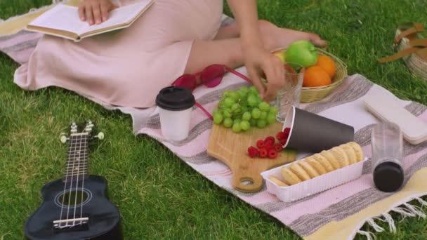 Ovanifrån av picknick med frukt och ukulele — Stockvideo