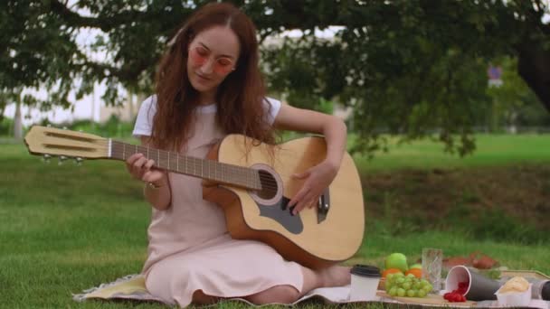 Gyönyörű lány játszik akusztikus gitár a parkban. — Stock videók