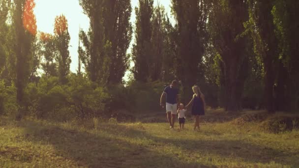 Família caminhando no parque ao pôr do sol — Vídeo de Stock