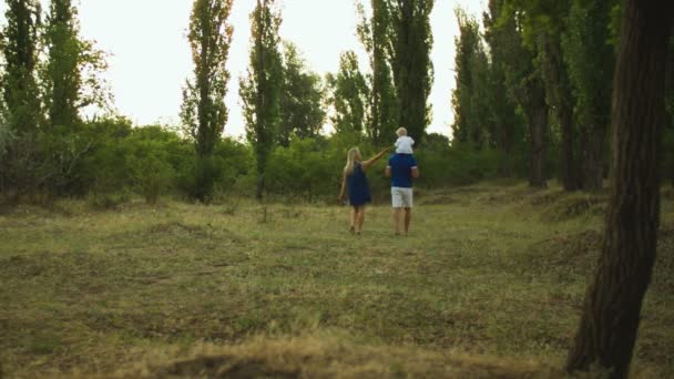 Familia con niños en un paseo por el bosque — Vídeo de stock