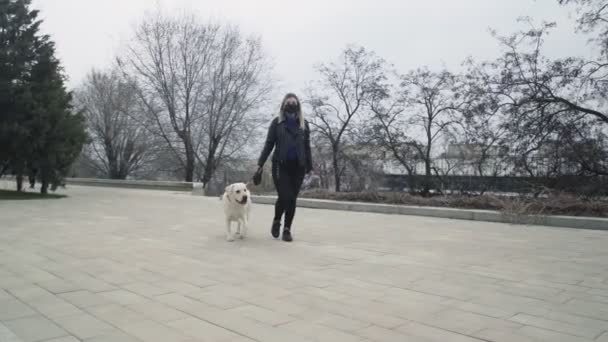 Mulher com máscara preta caminha com seu cão labrador no parque durante a quarentena coronavírus COVID-19 pandemia na quarentena do coronavírus 2019-2020 — Vídeo de Stock