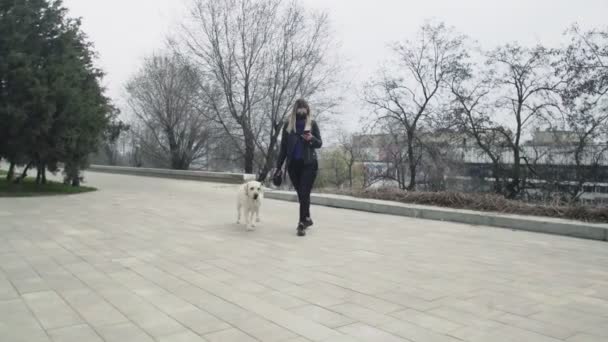 黒いマスクをした女性は、 2019年から2020年のコロナウイルス感染症COVID-19の検疫中に公園内のラブラドール犬と散歩します。 — ストック動画