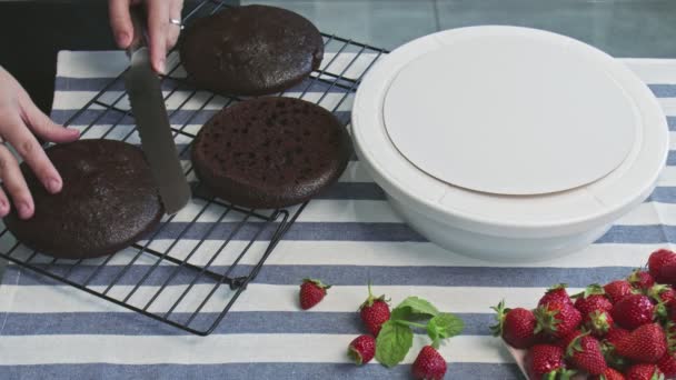 Lo chef professionista sta cucinando la torta. Giovane casalinga attraente utilizza coltello per tagliare torta in eccesso — Video Stock